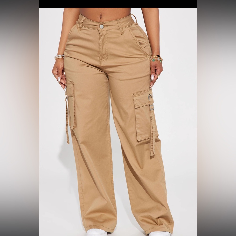 Fashion nova “Lay Low Wide Leg Cargo Pants”.  Size Small Color Khaki Brand new